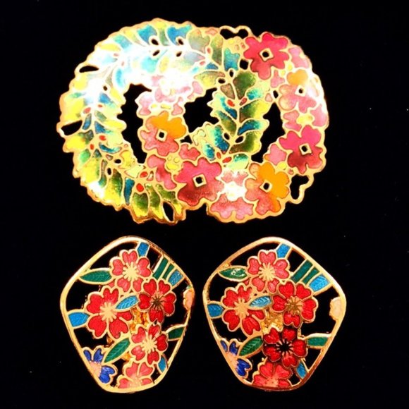 Vintage Multicolor Flower Brooch & Clip-On Earring - Picture 4 of 7